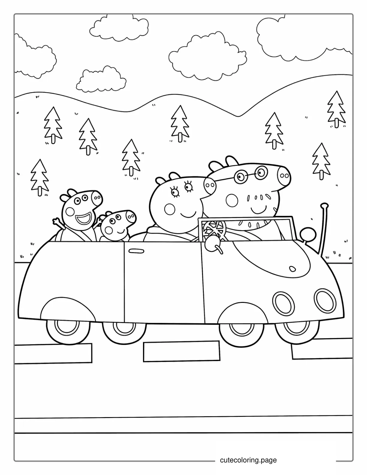 Peppa Pig Family Driving In Car Coloring Page coloring page