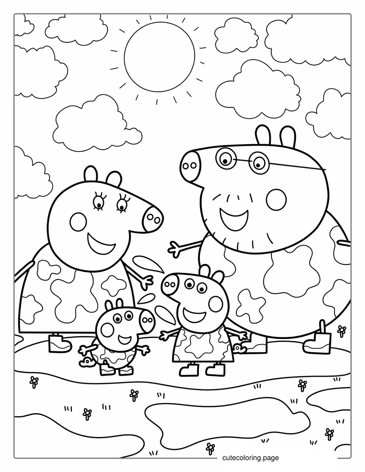 Peppa Pig Family Jumping In Mud Coloring Page coloring page