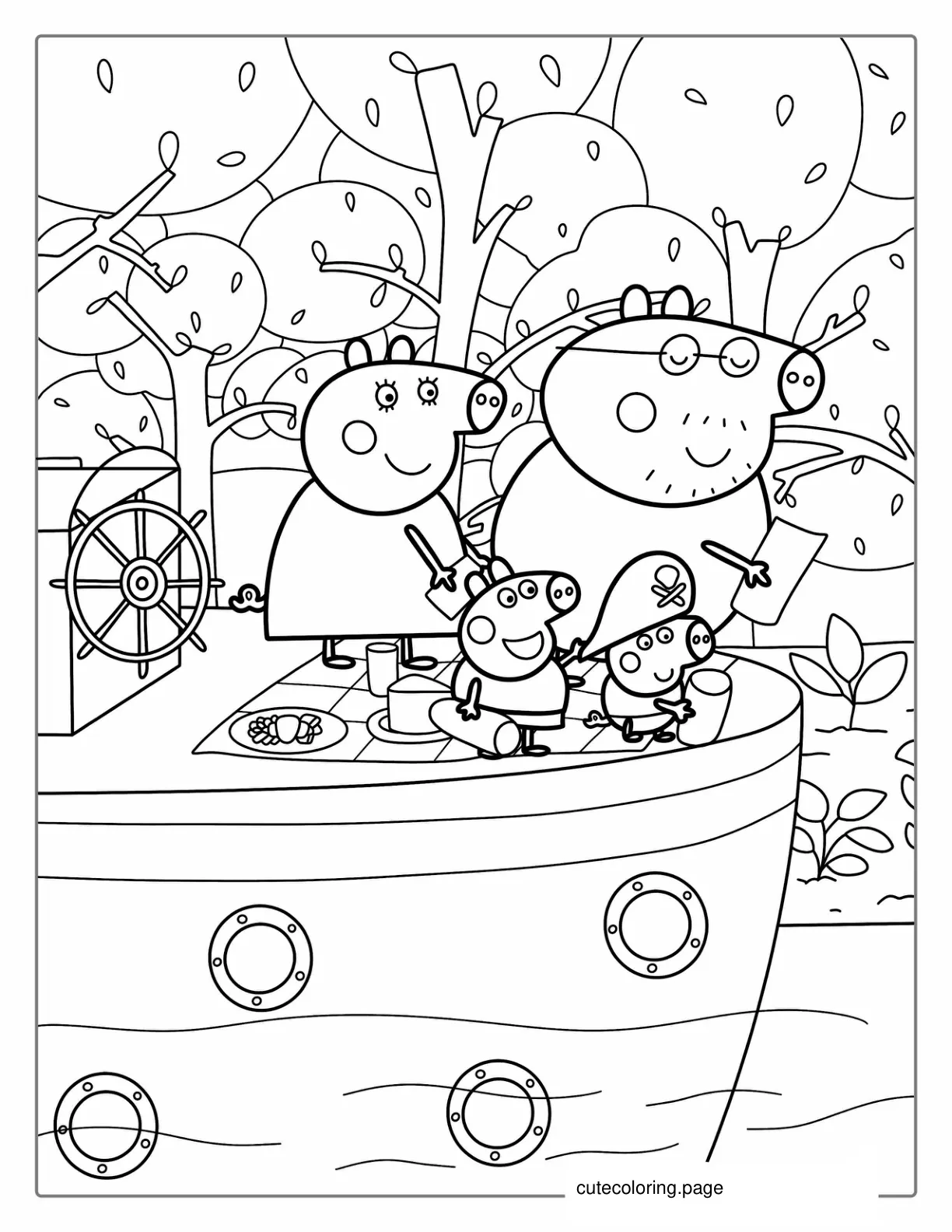 Peppa Pig Family On River Boat coloring page