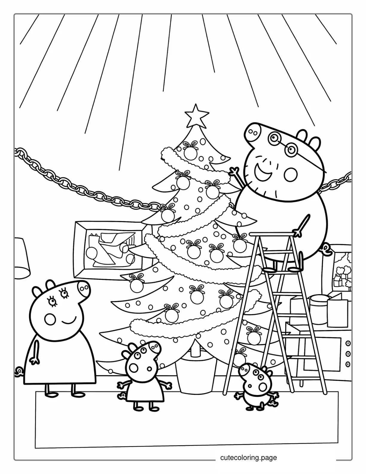 Peppa Pig Family Setting Up Christmas Tree coloring page