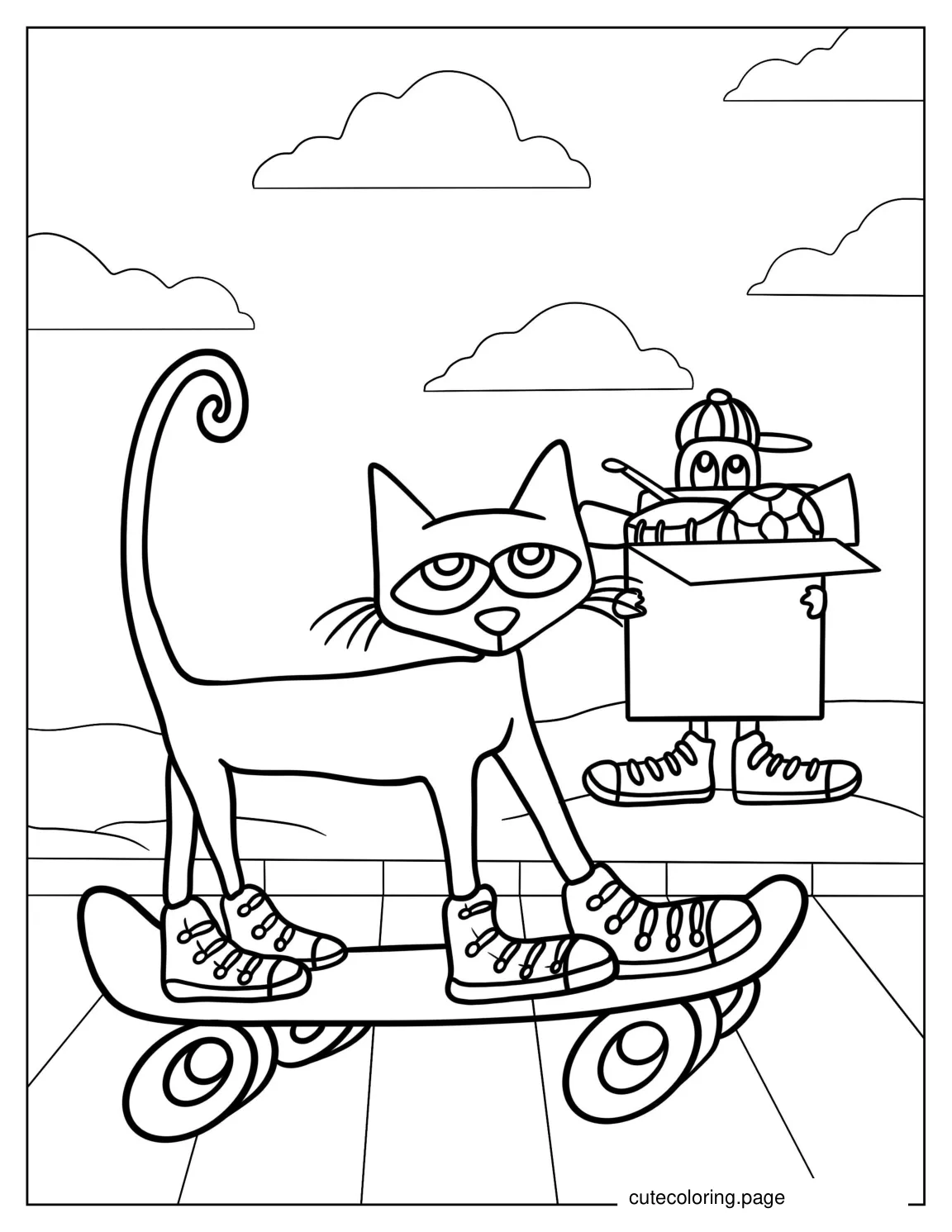 Pete The Cat Riding a Skateboard To Color coloring page