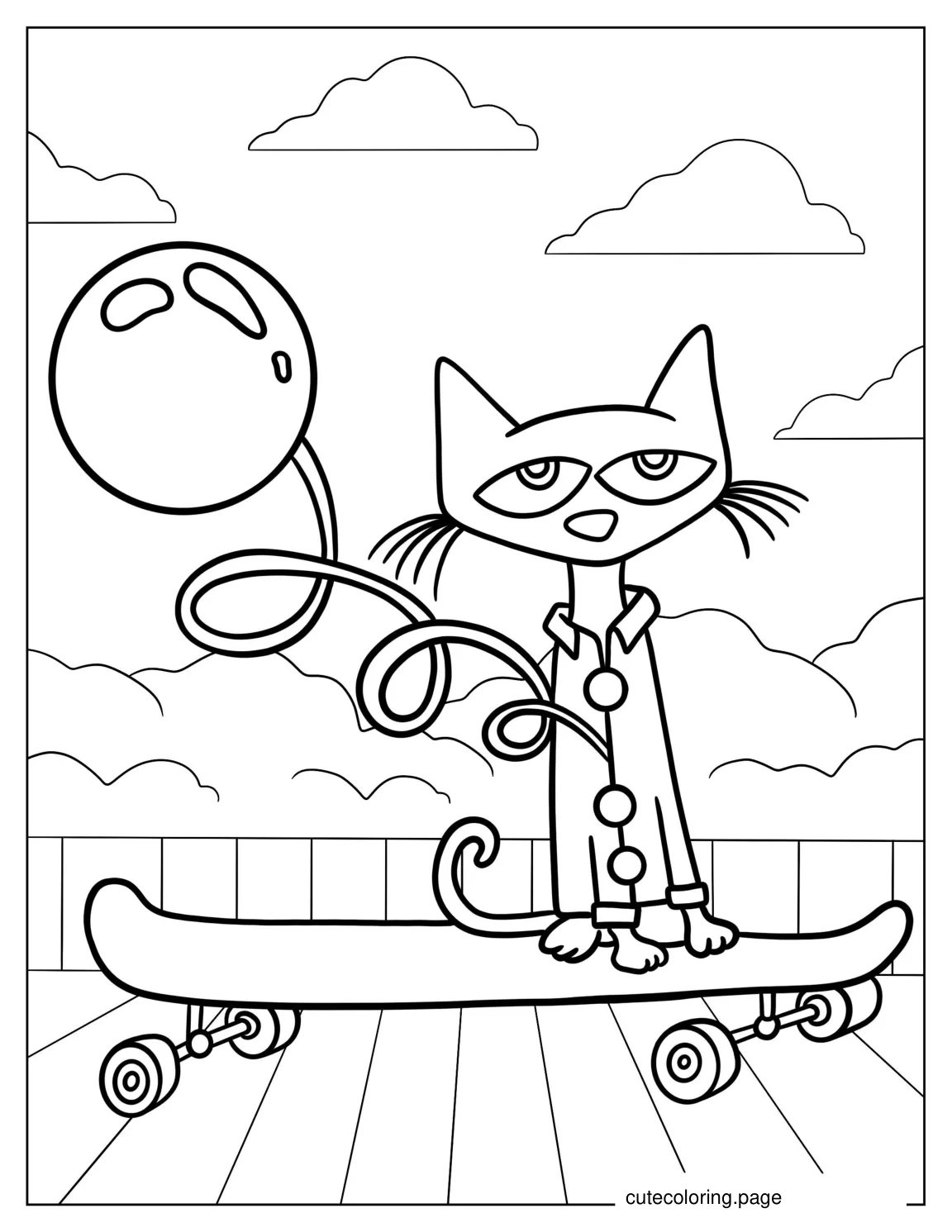 Talented Pete The Cat On a Skateboard Holding a Balloon coloring page