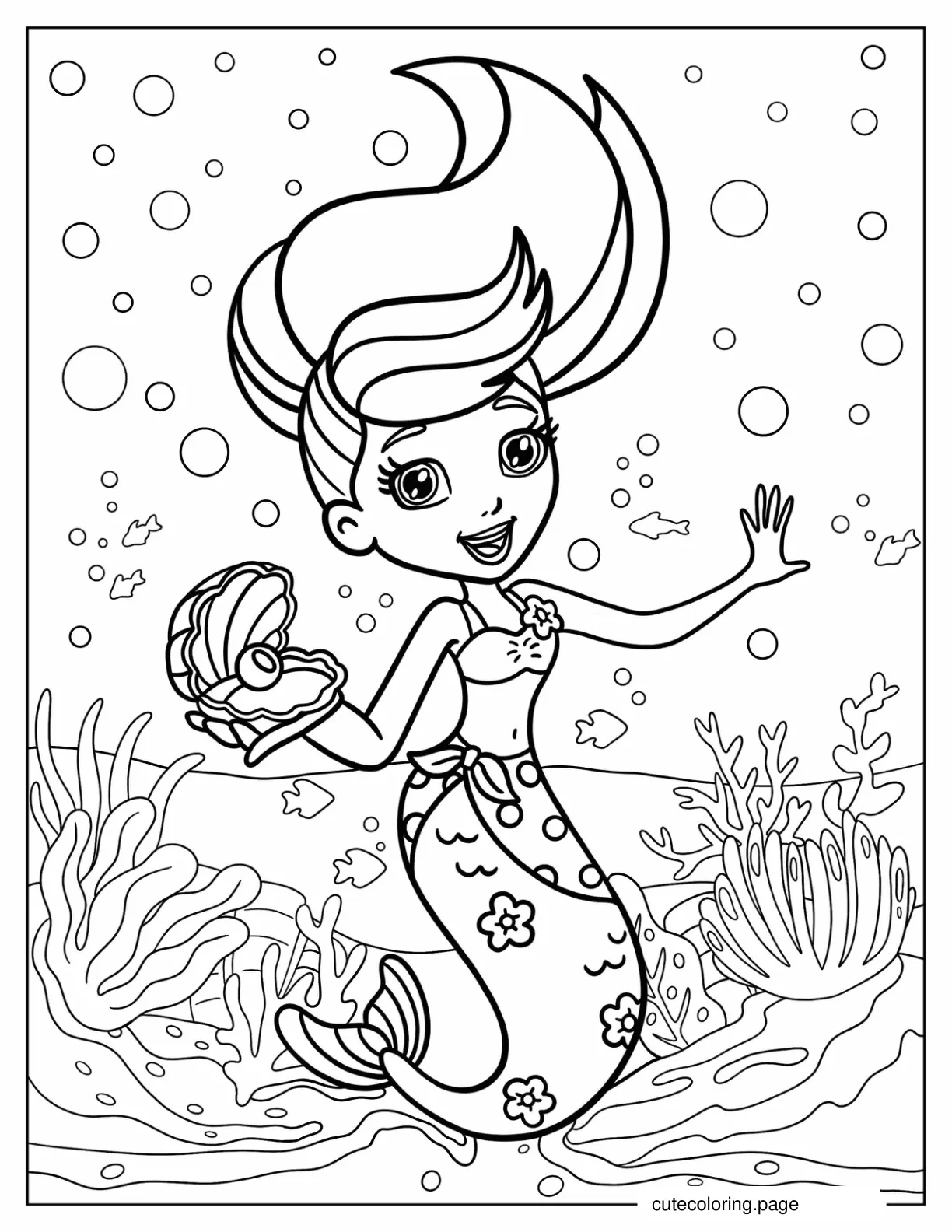 Mermaid Polly Pocket Holding Mussel With Pearl coloring page