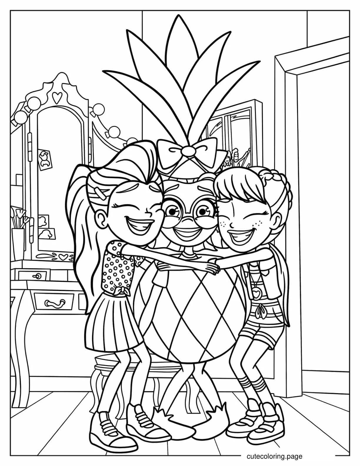 Polly Pocket And Lila Hugging Shani In Pineapple Costume Coloring Page coloring page