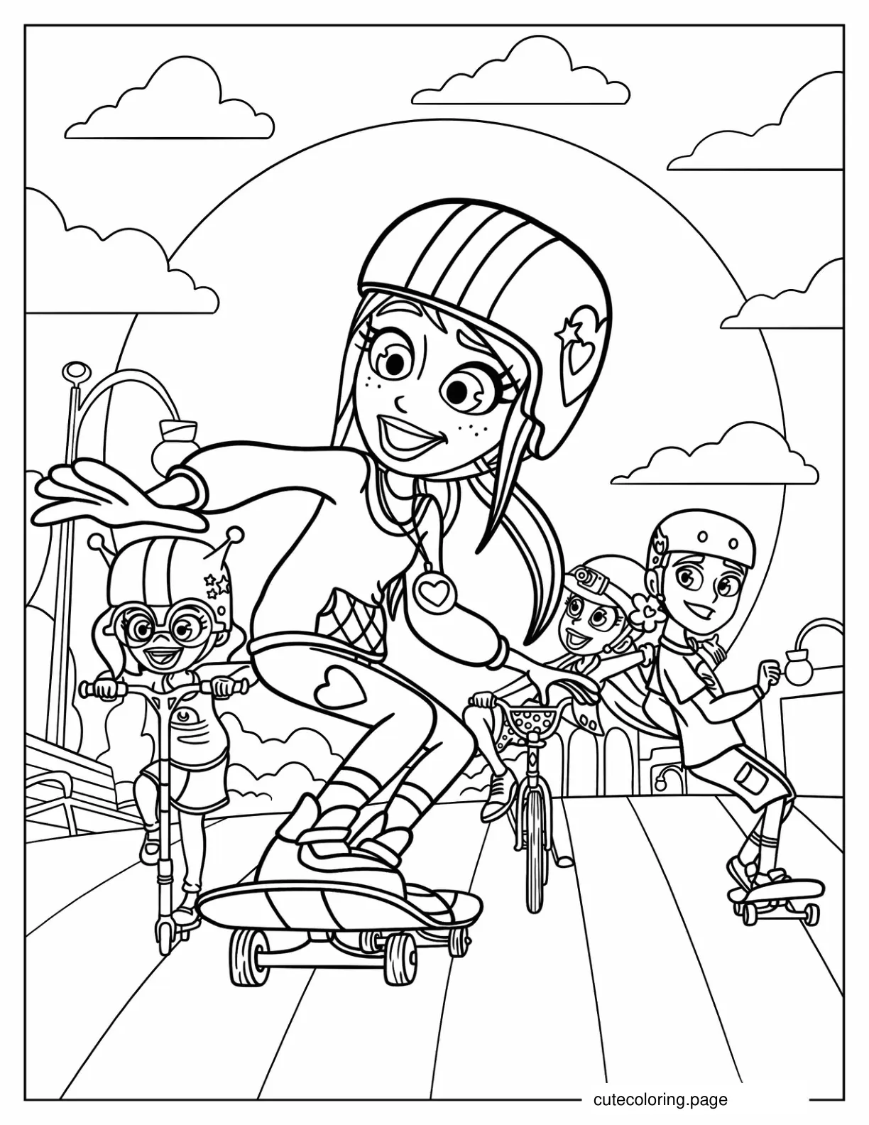 Polly Pocket Skateboarding With Nikolas Lila And Shani coloring page