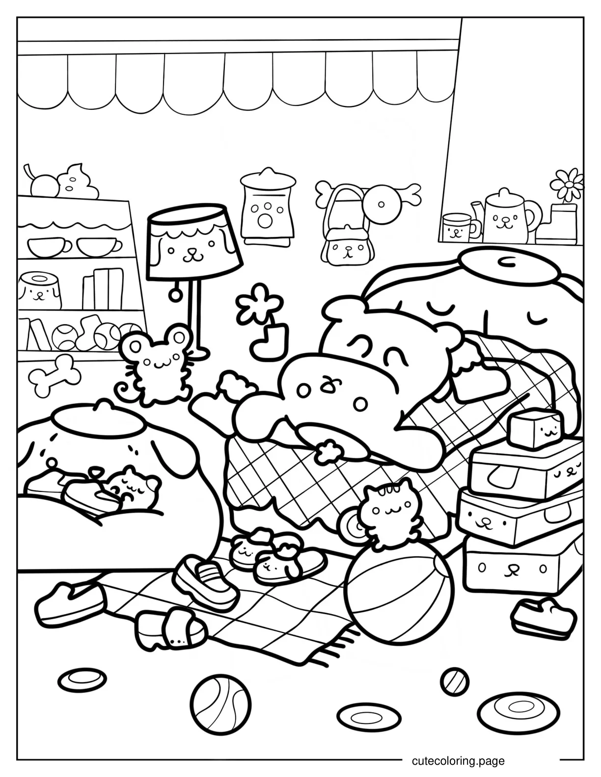 Detailed Pompompurin And Friends Sleeping In Bedroom coloring page