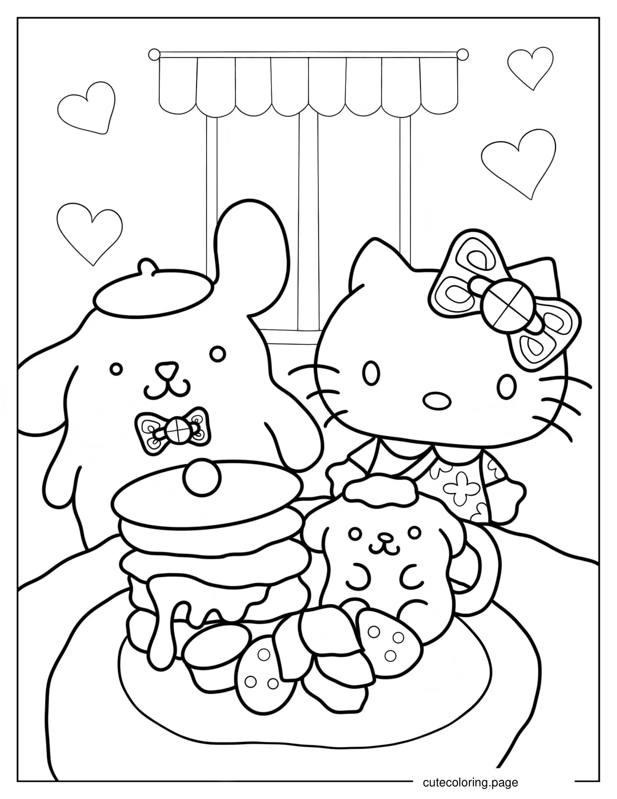 Pompompurin Eating Cake With Hello Kitty Coloring Sheet coloring page