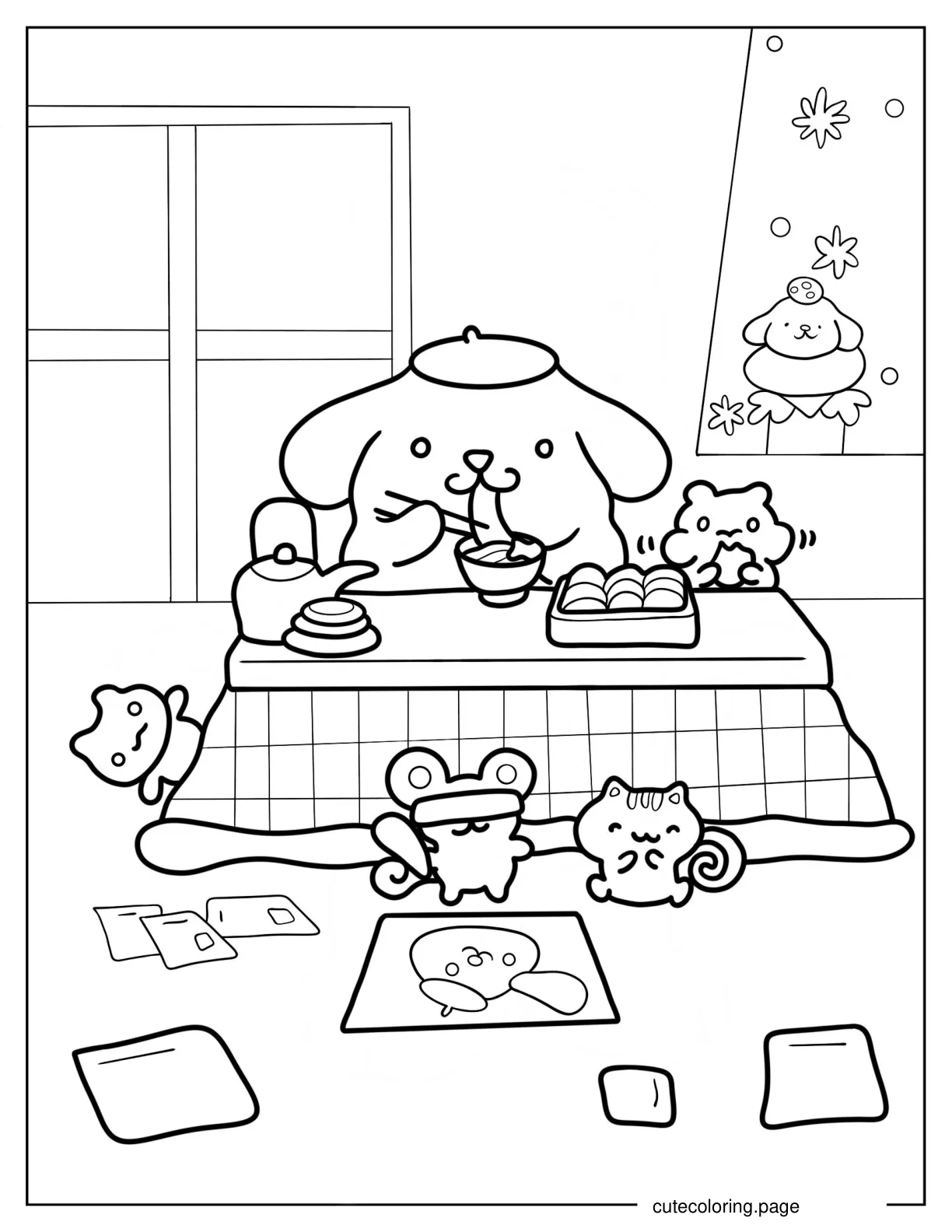 Pompompurin Eating Noodles With Muffin coloring page