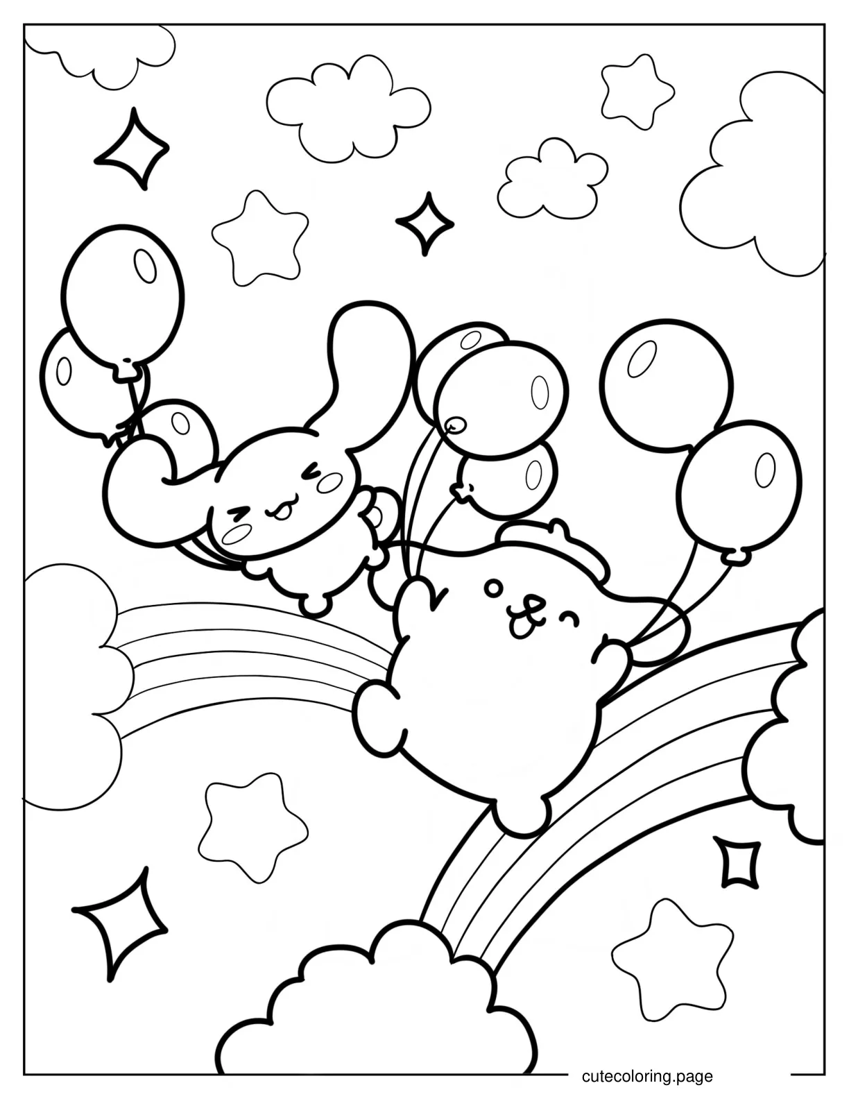 Pompompurin With Cinnamon Flying With Balloons coloring page