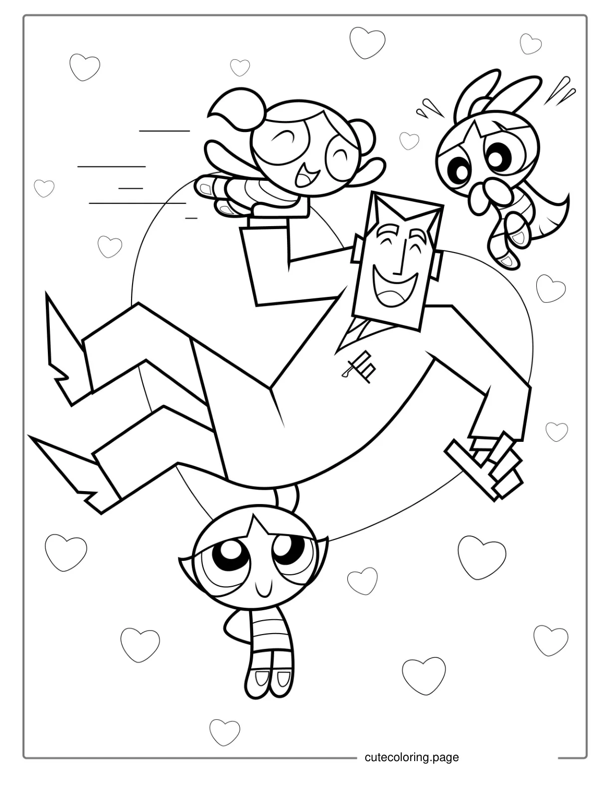 Bubbles Blossom And Buttercup With Professor Utonium coloring page