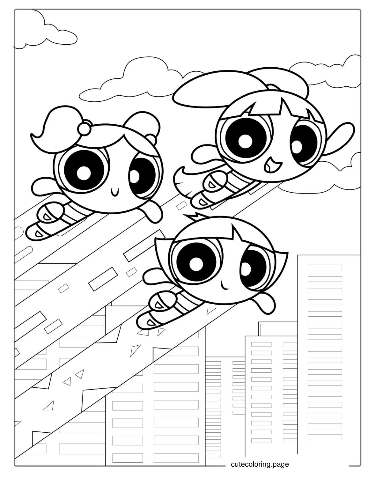 Powerpuff Girls Flying Over City To Color coloring page