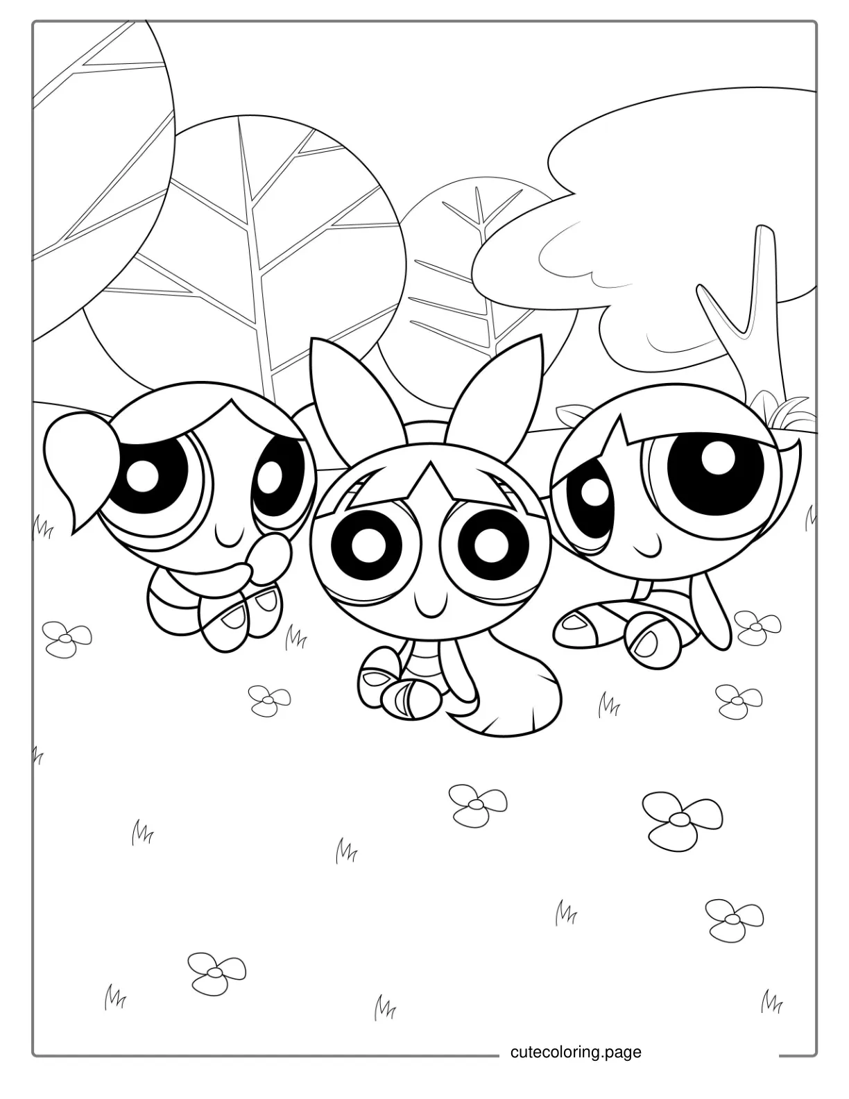 The Powerpuff Girls Sitting In a Park With Flowers coloring page