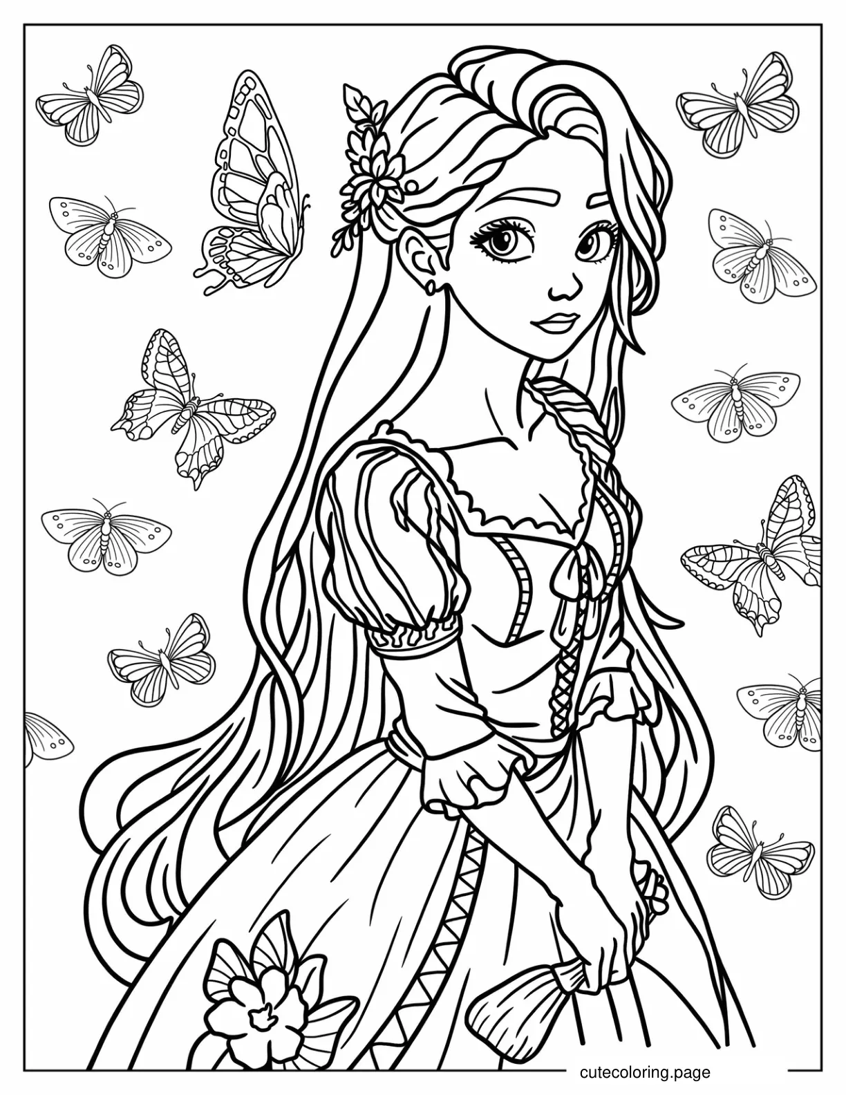 Anime Rapunzel With Butterflies Coloring Page coloring page