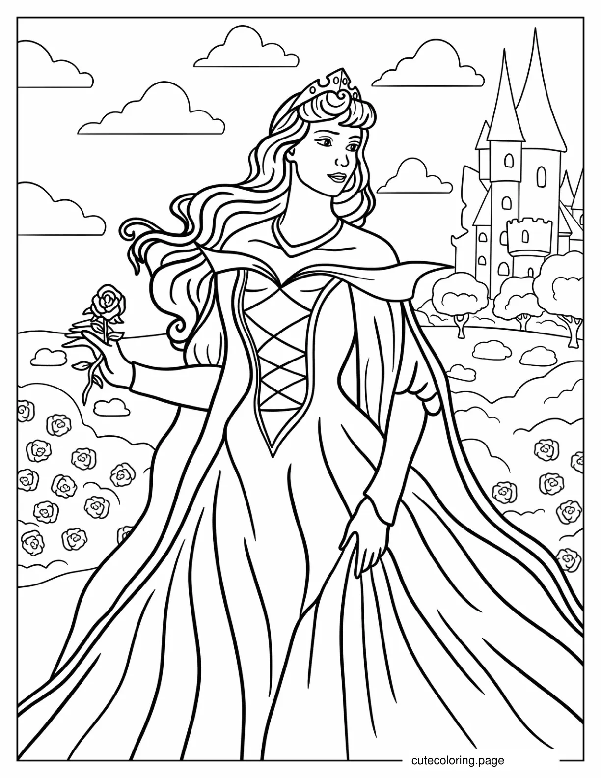 Aurora Holding Rose Outside Castle Coloring Sheet coloring page