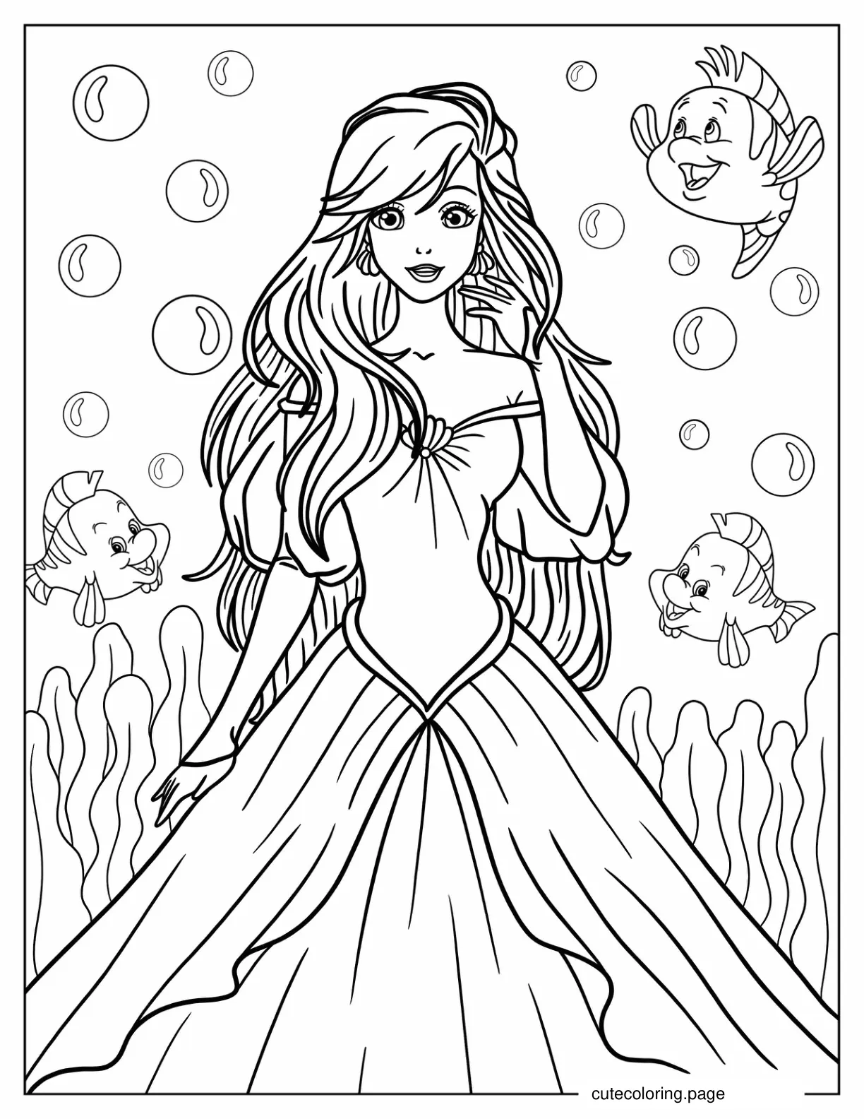 Human Princess Ariel With Flounders Coloring Sheet coloring page