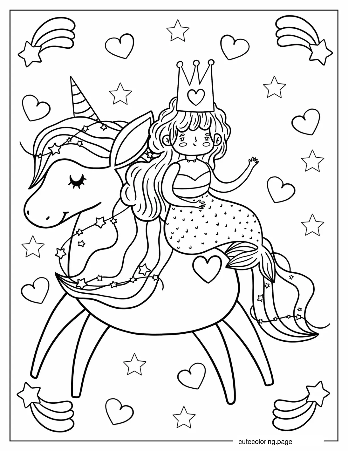 Mermaid Princess Sitting On Unicorn 1 coloring page