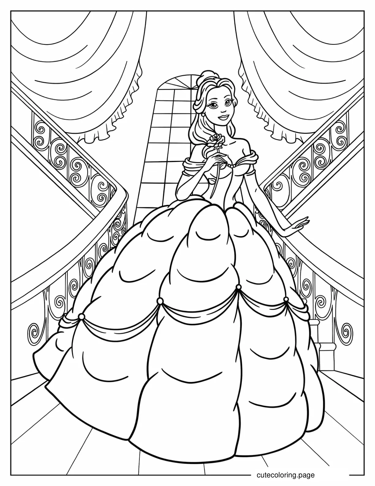 Princess Belle Holding Rose On Staircase coloring page