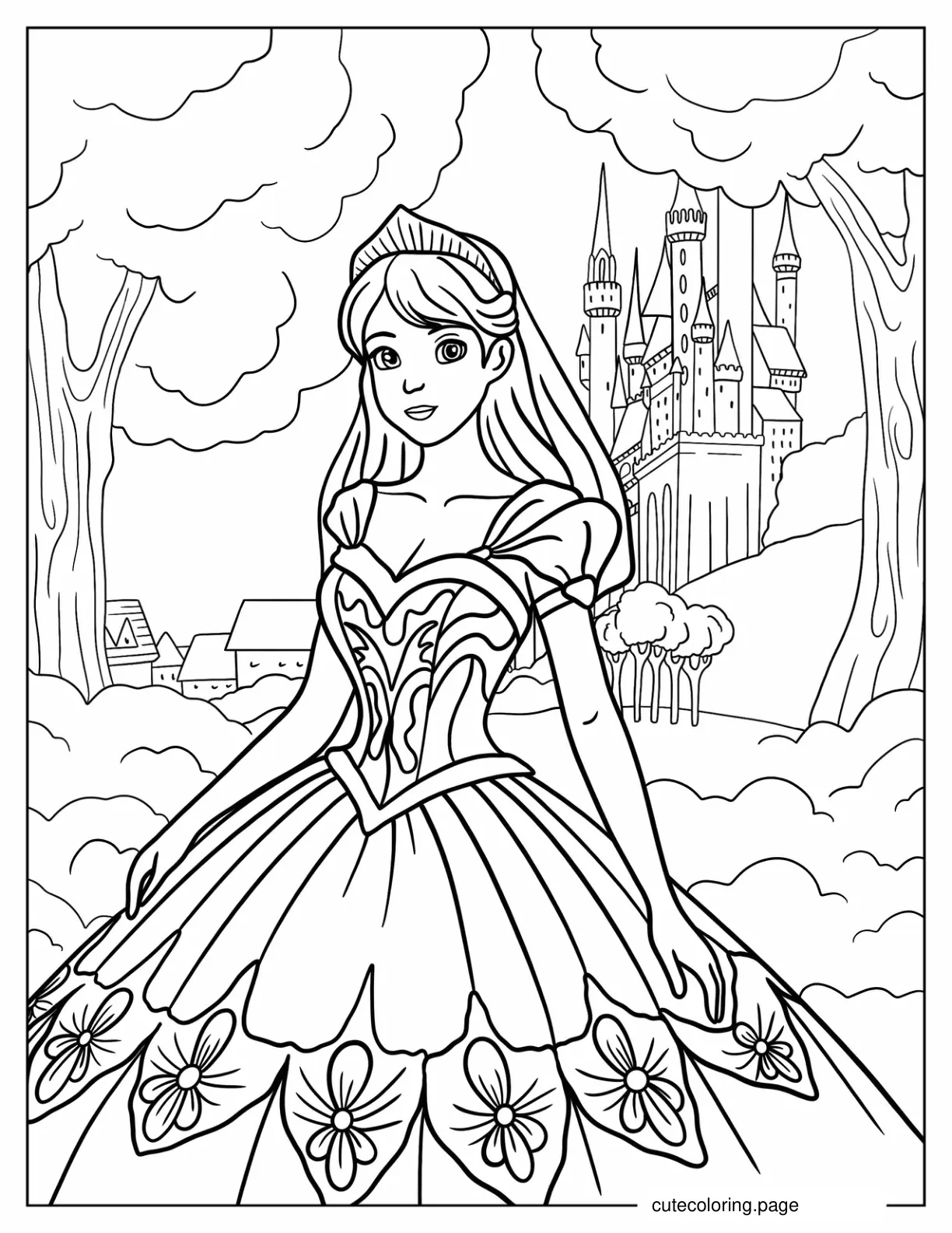 Princess In Wedding Dress In Front Of Castle Coloring Page coloring page