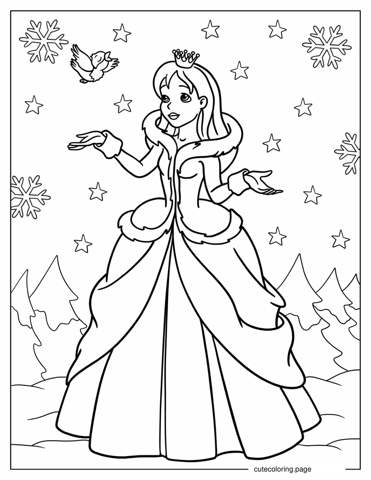 Princess Listening To A Bird In Winter Coloring Sheet coloring page