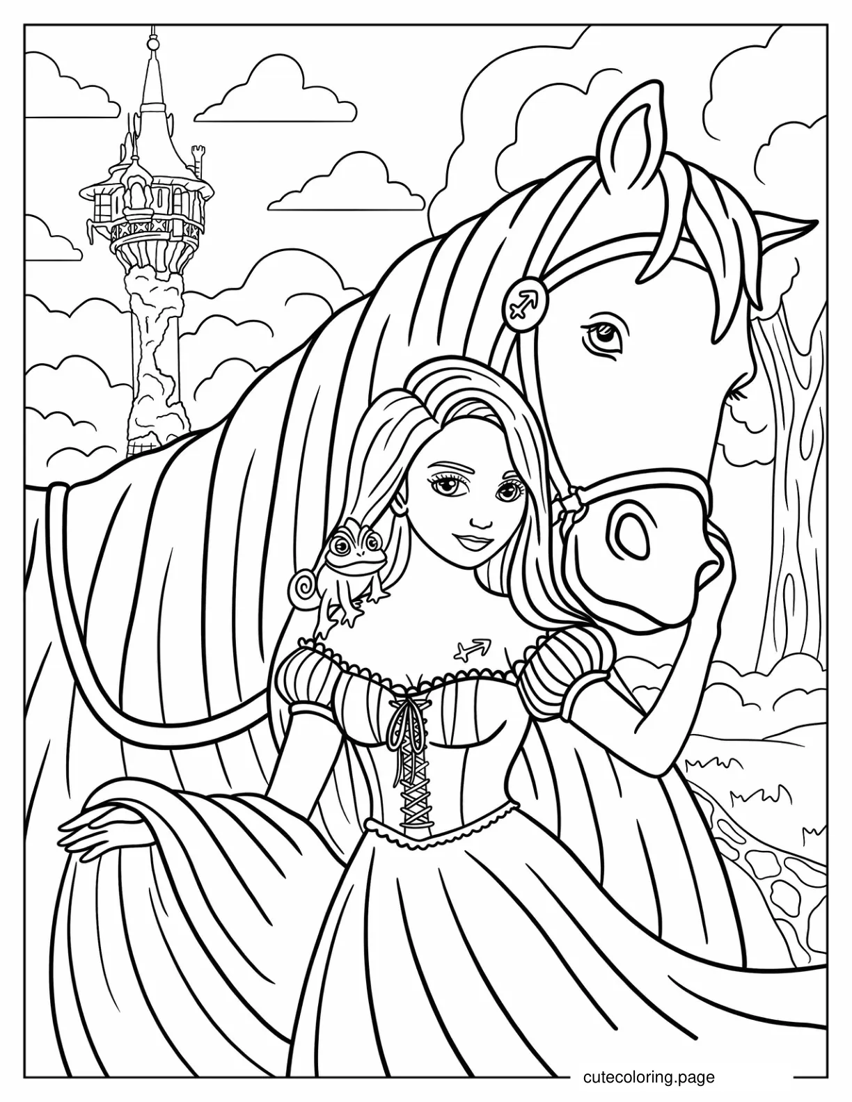 Rapunzel With Pascal And Maximus Tangled Coloring Page coloring page