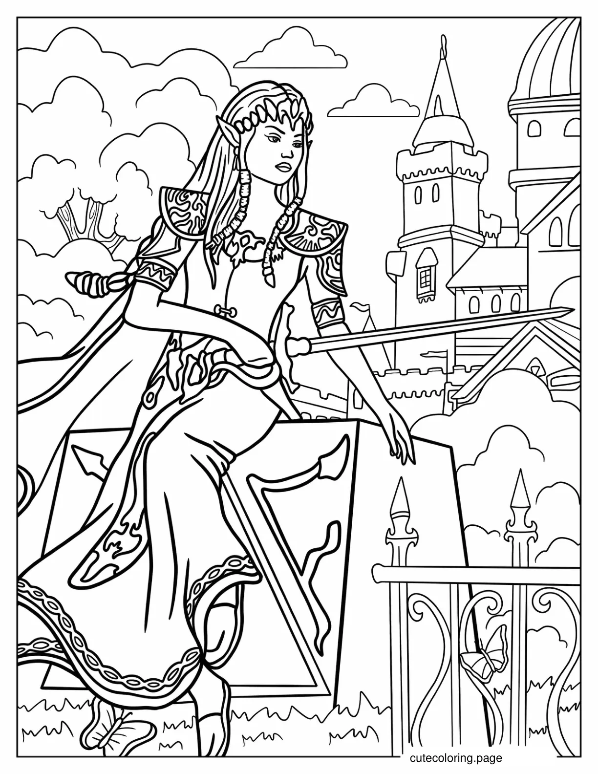 Realistic Princess Zelda Holding Sword Coloring Sheet coloring page