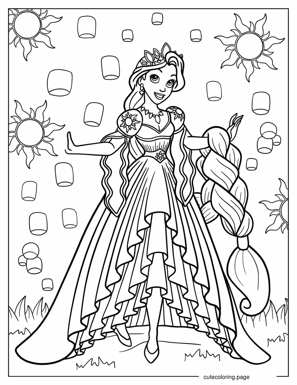 Tangled Princess Rapunzel With Lanterns In Background coloring page