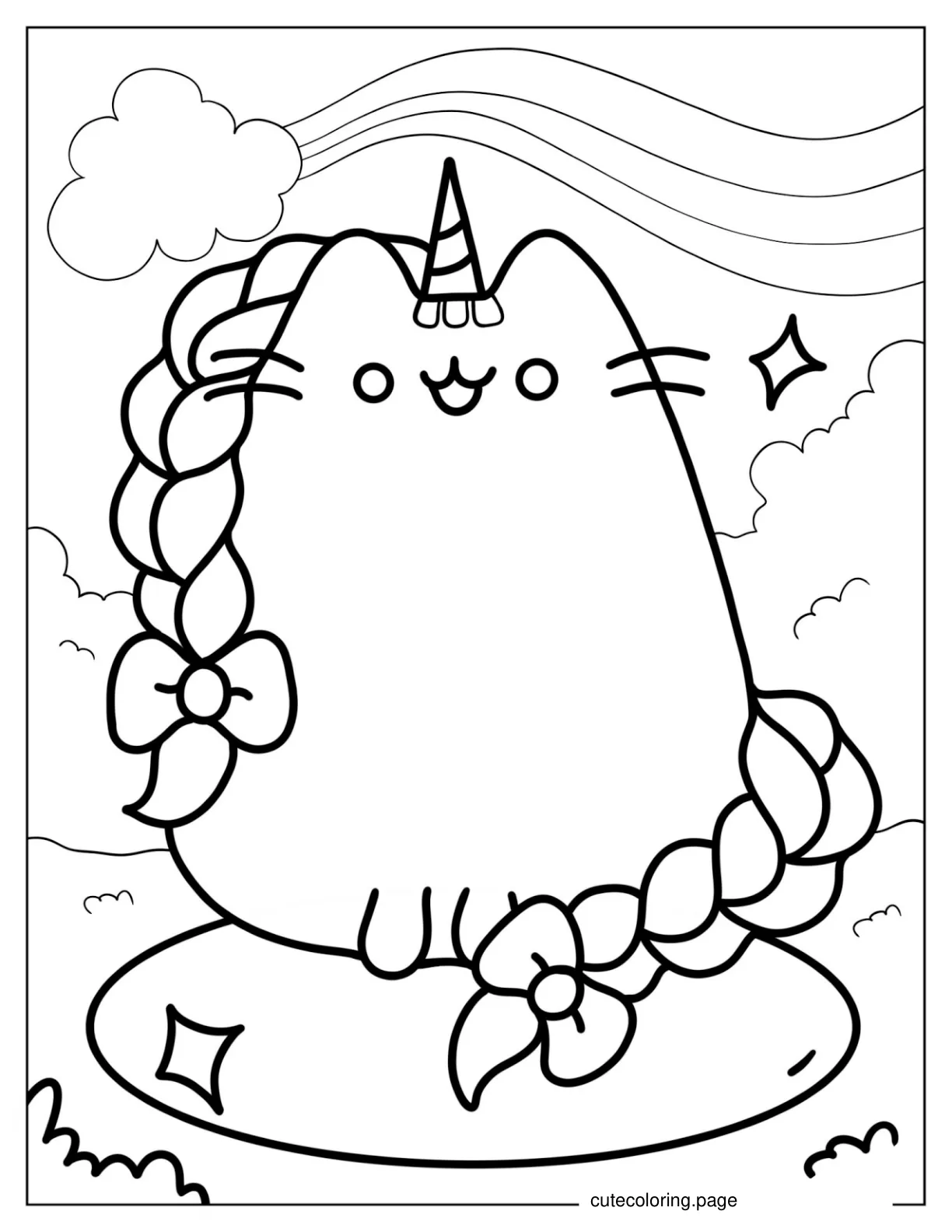 Cute Pusheen Unicorn With Braided Hair coloring page