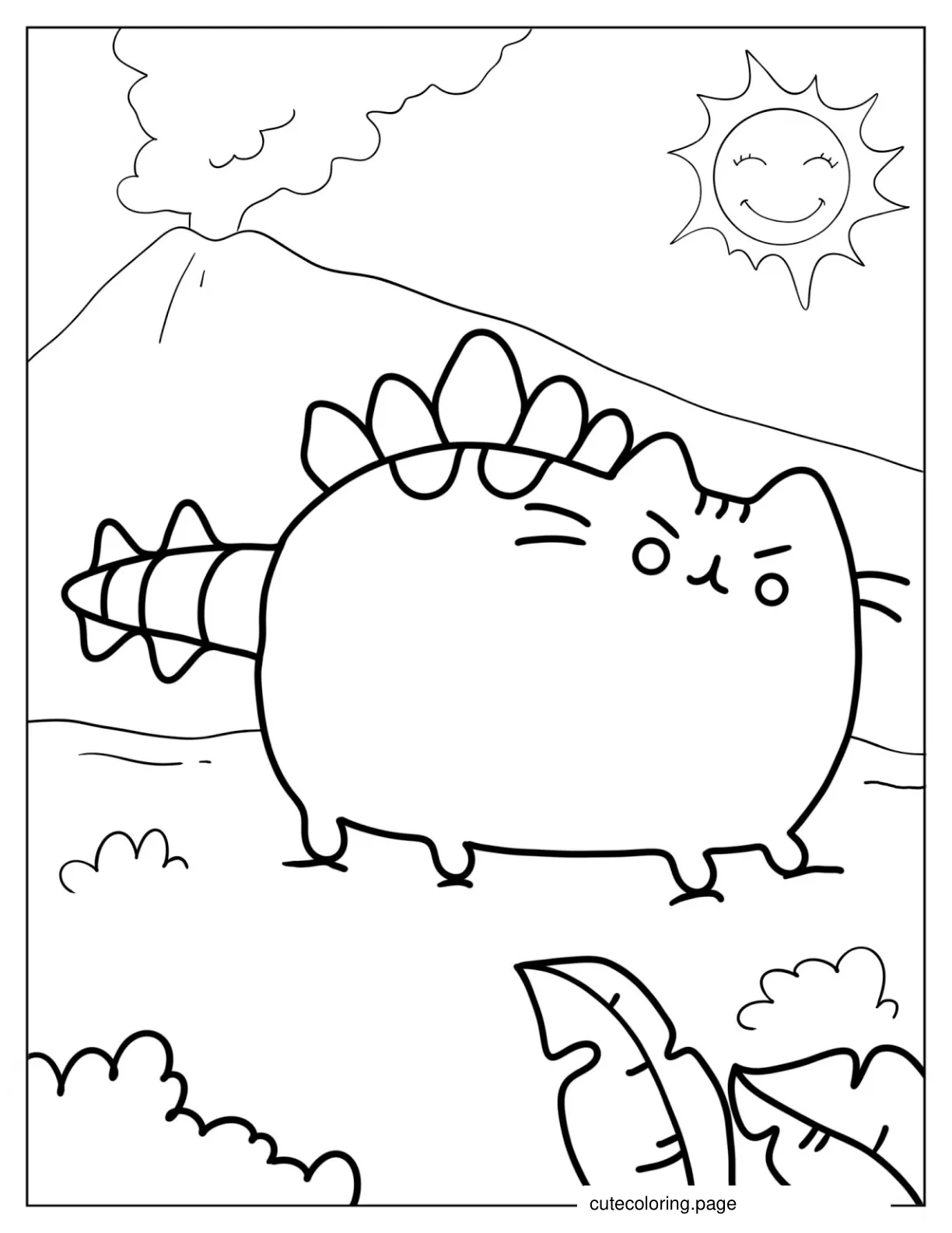 Dinosaur Pusheen Next To Volcano To Color coloring page