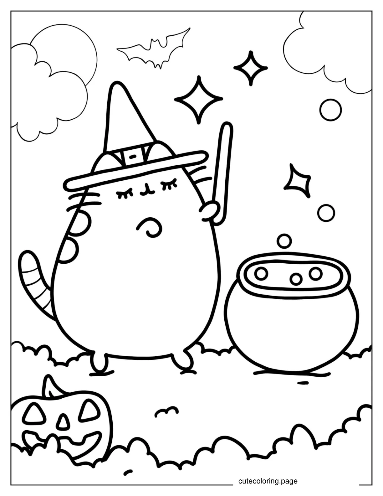 Halloween Witch Pusheen Casting a Spell coloring page