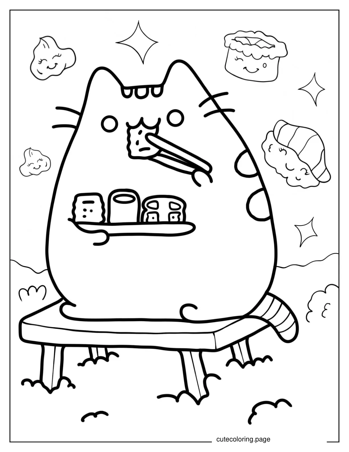 Kawaii Pusheen Eating Sushi Coloring Page coloring page