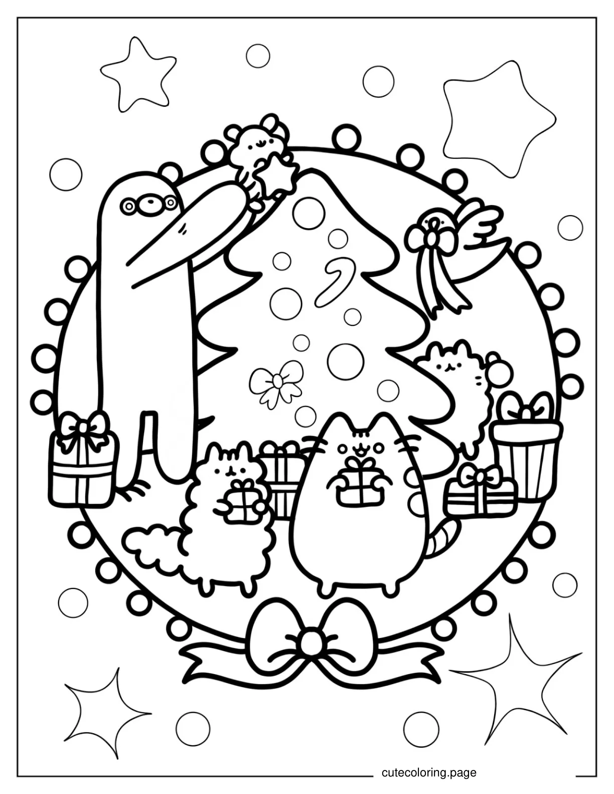 Pusheen And Friends Decorating Christmas Tree coloring page