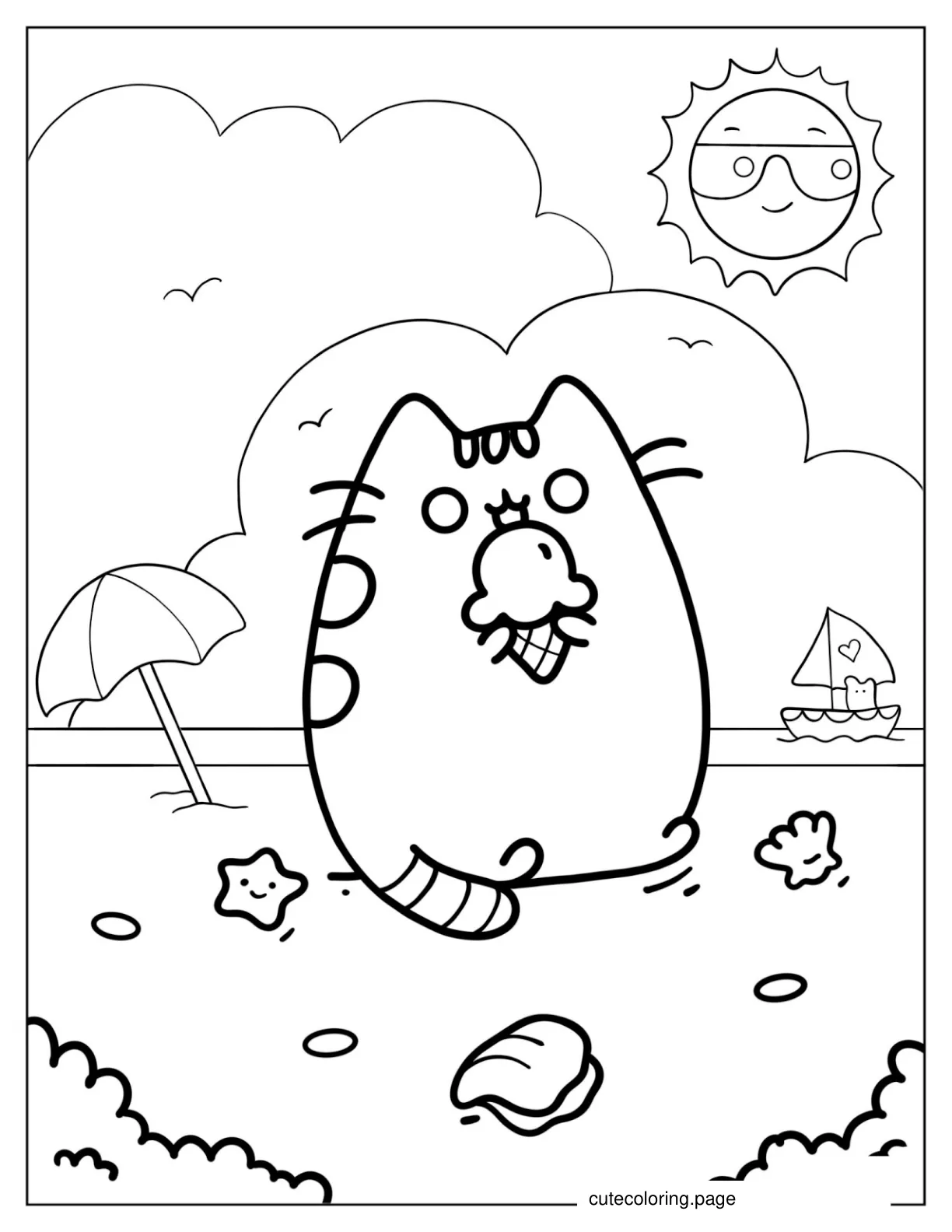 Pusheen At The Beach During Summer coloring page