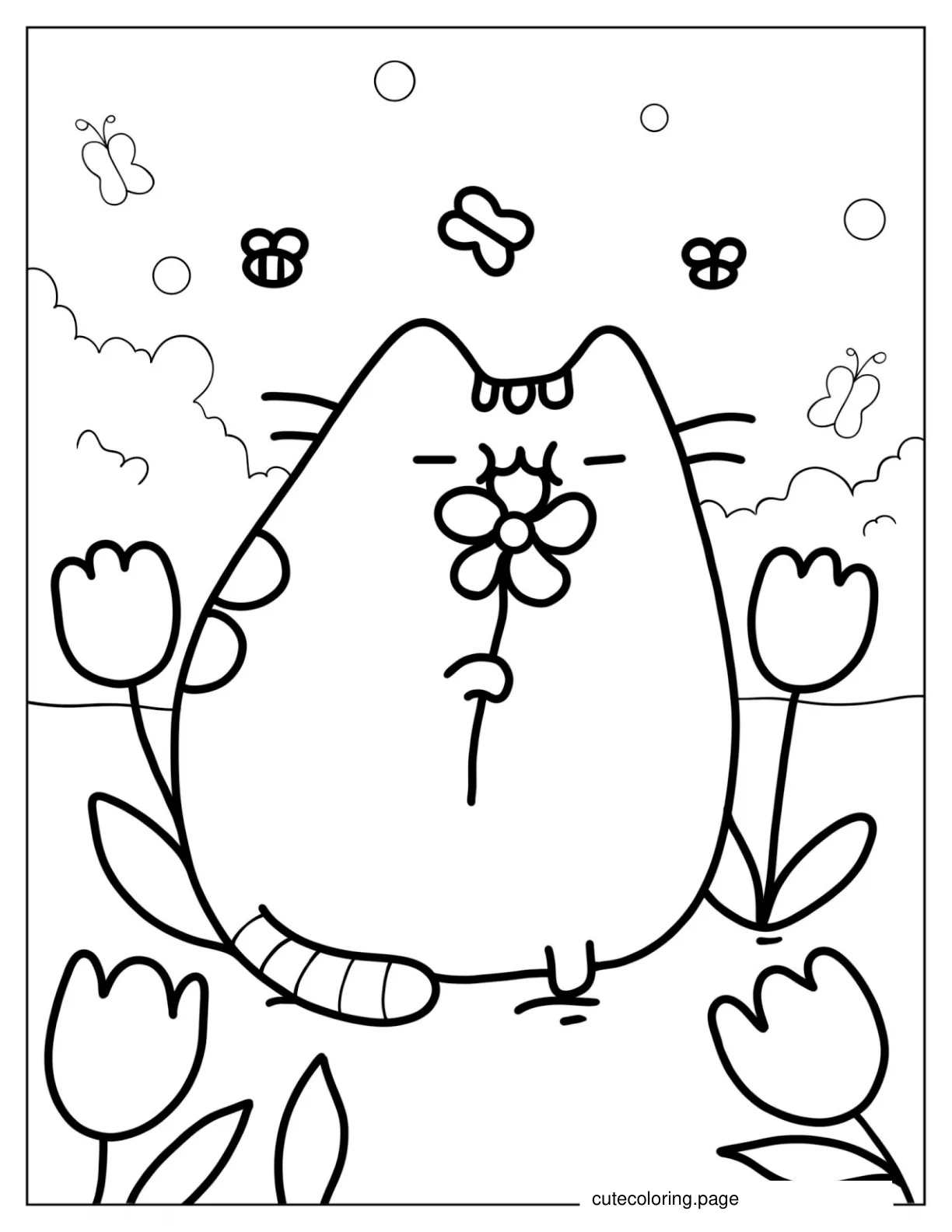 Pusheen Cat Nibbling On a Flower To Color coloring page