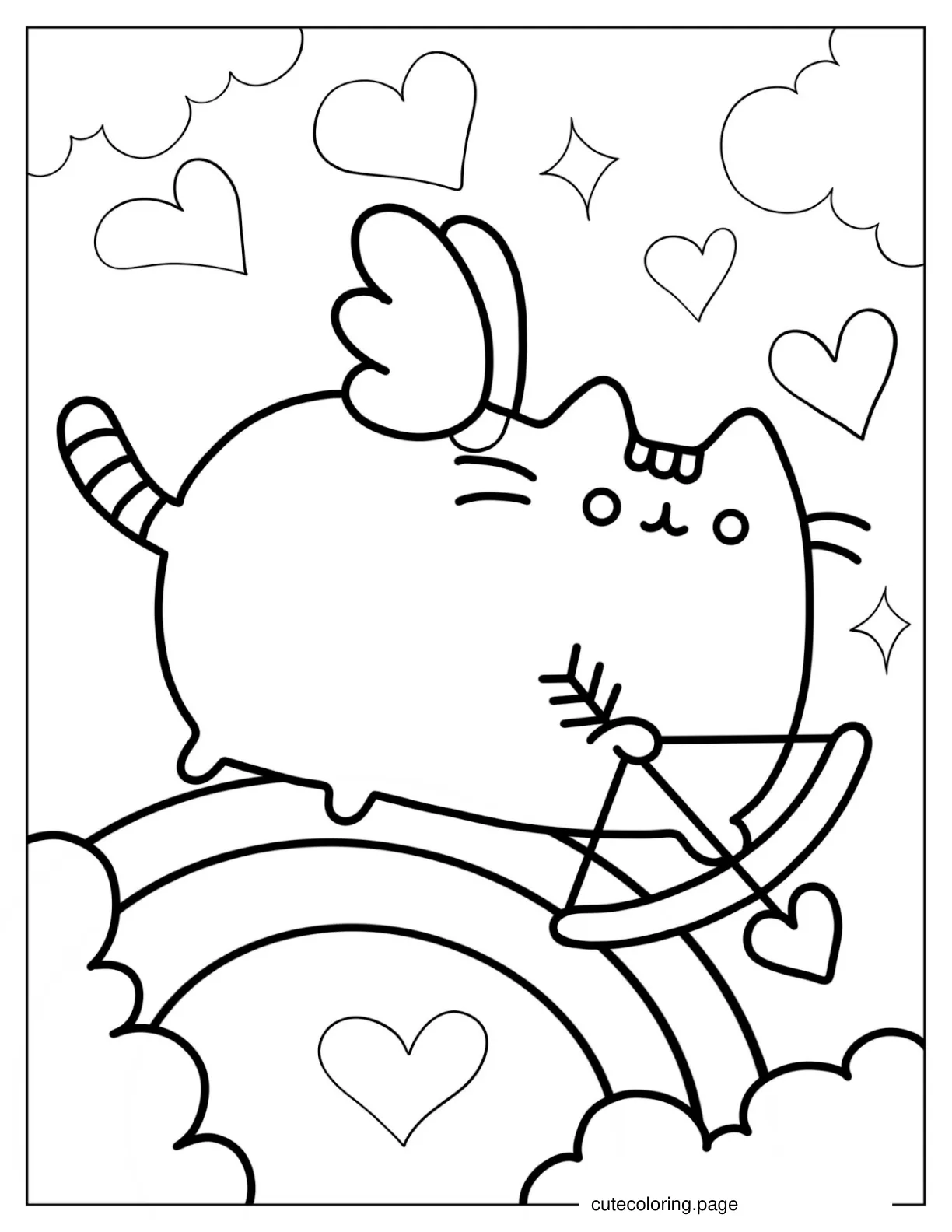 Pusheen Cupid With Bow And Love Hearts To Color coloring page