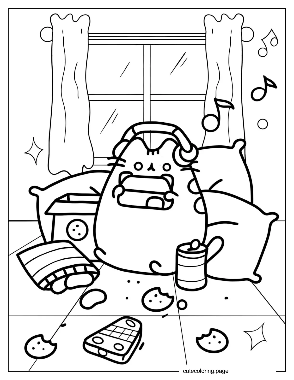 Pusheen Eating And Listening To Music In Bedroom coloring page