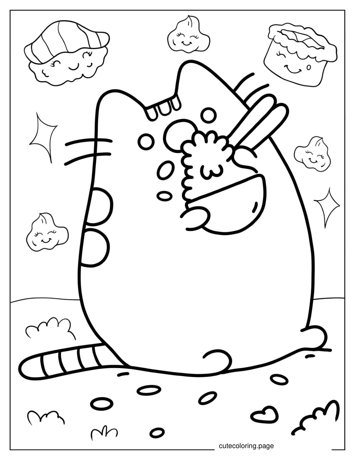 Pusheen Eating Rice And Sushi Coloring Page coloring page