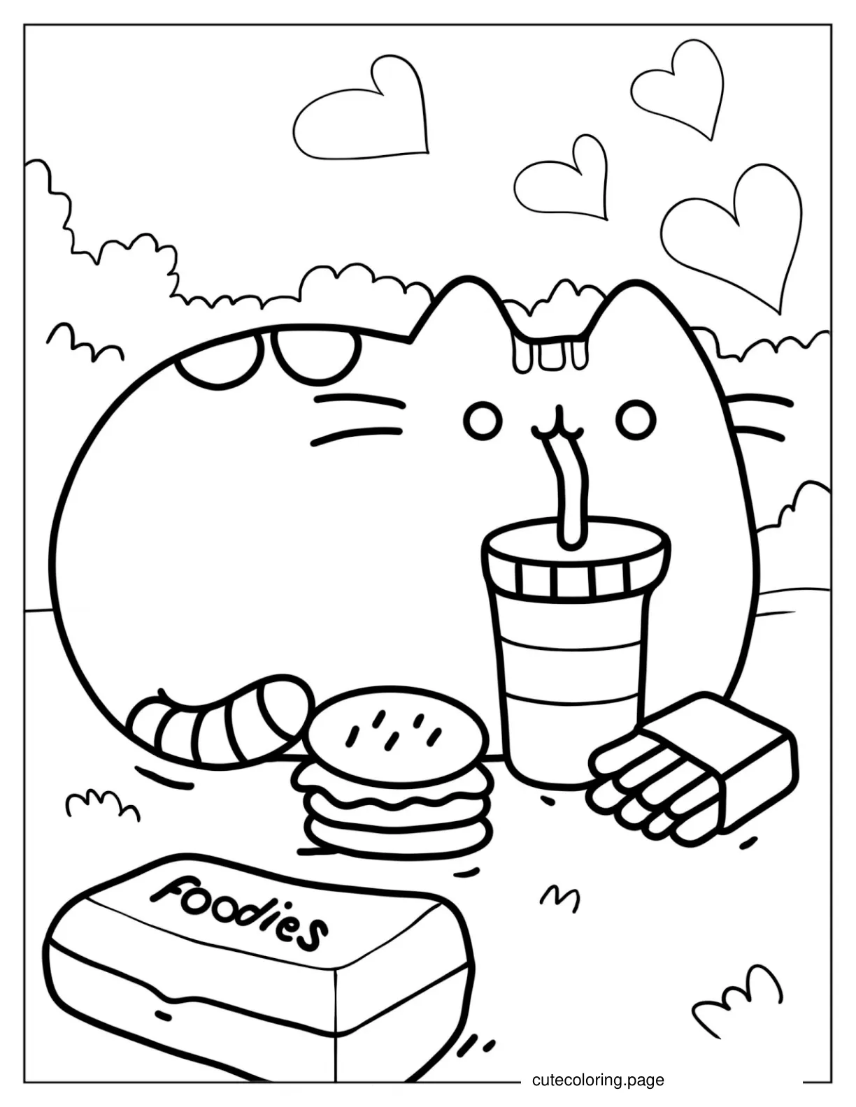 Pusheen Eating Some Burgers And Fries coloring page