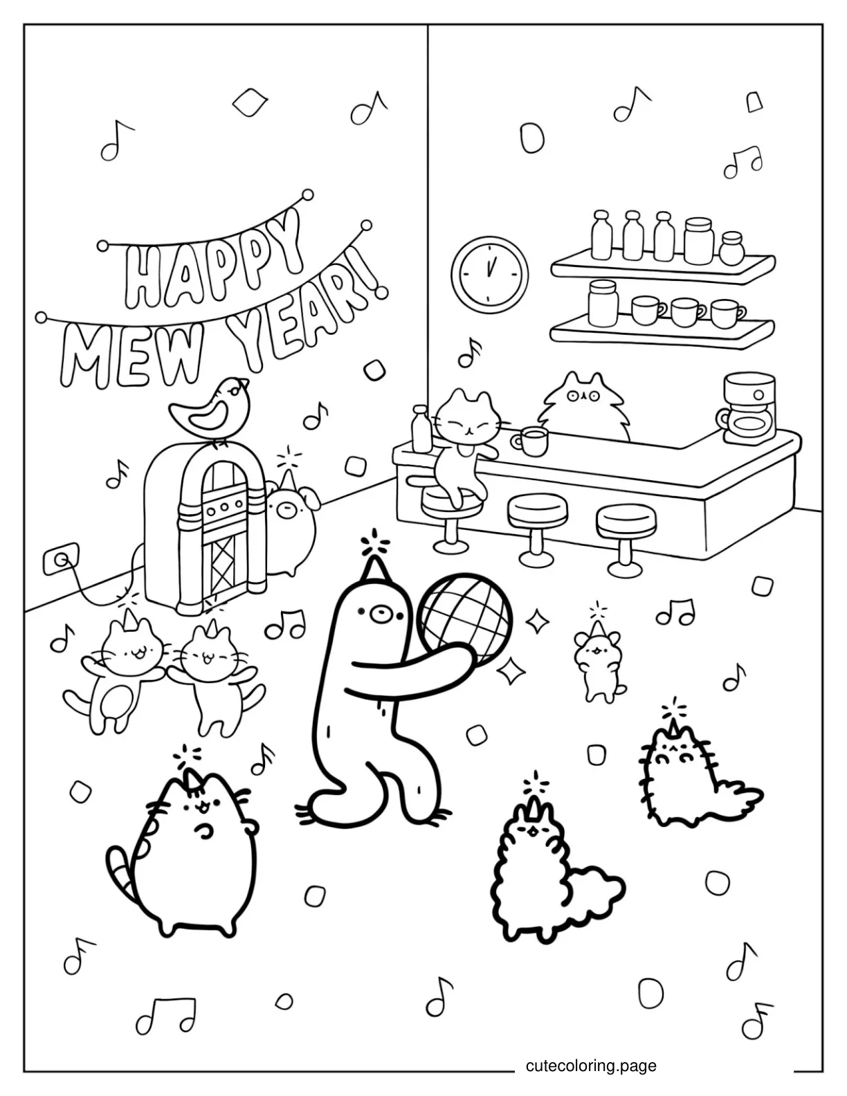 Pusheen Having a Party On NYE coloring page