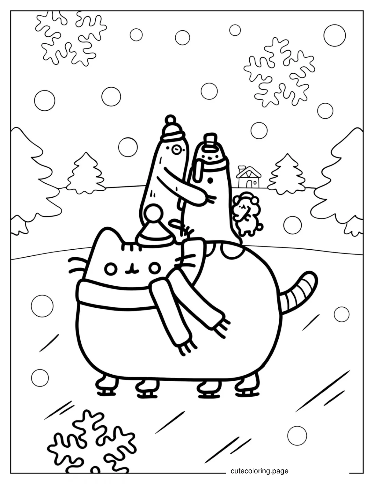 Pusheen Ice Skating During Winter coloring page