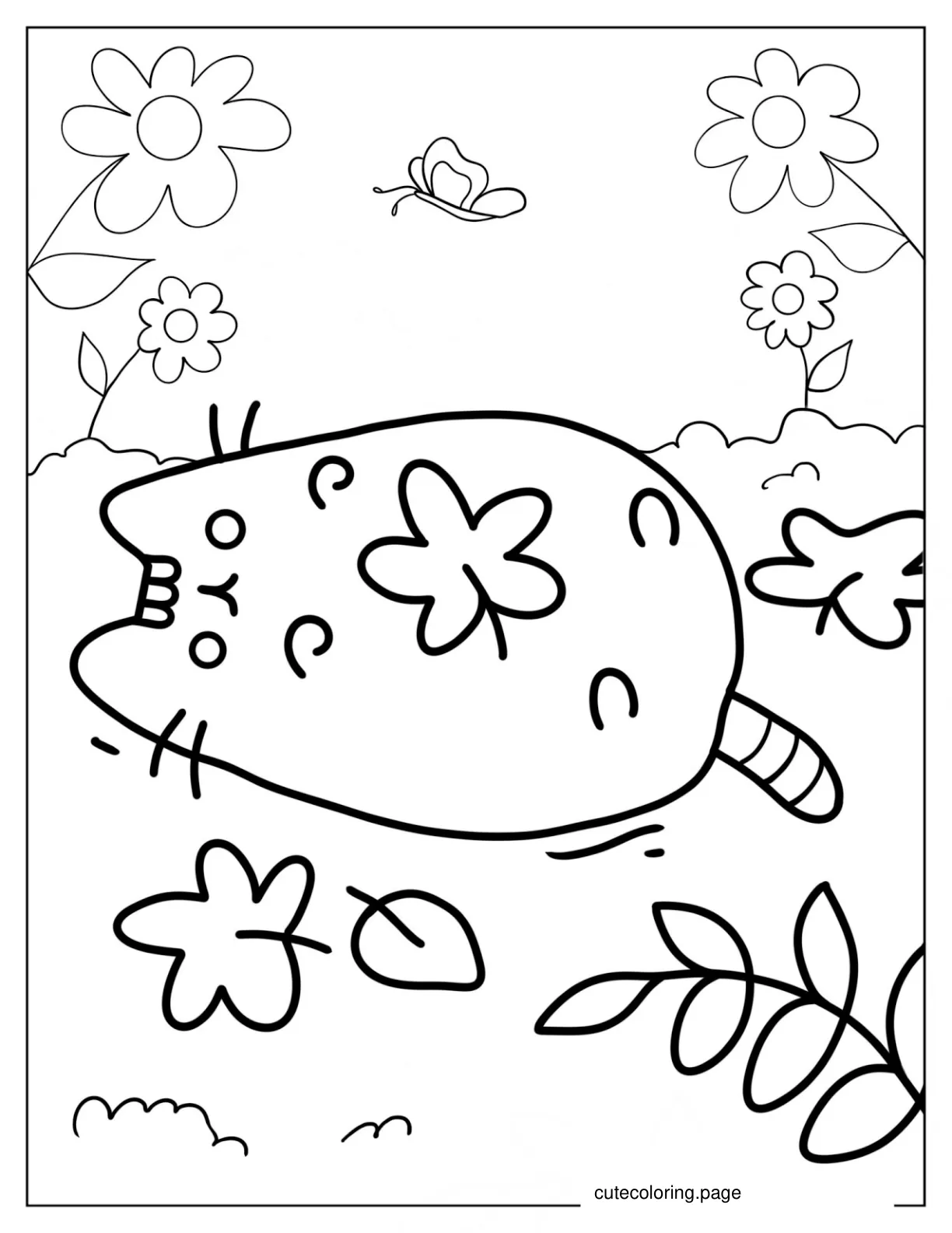 Pusheen Lying In Field With Flowers To Color coloring page