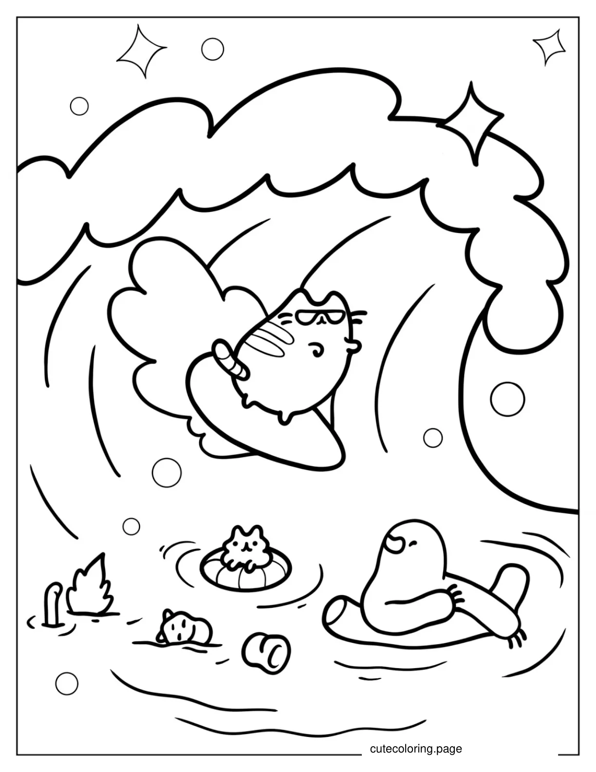 Pusheen Surfing At The Beach coloring page