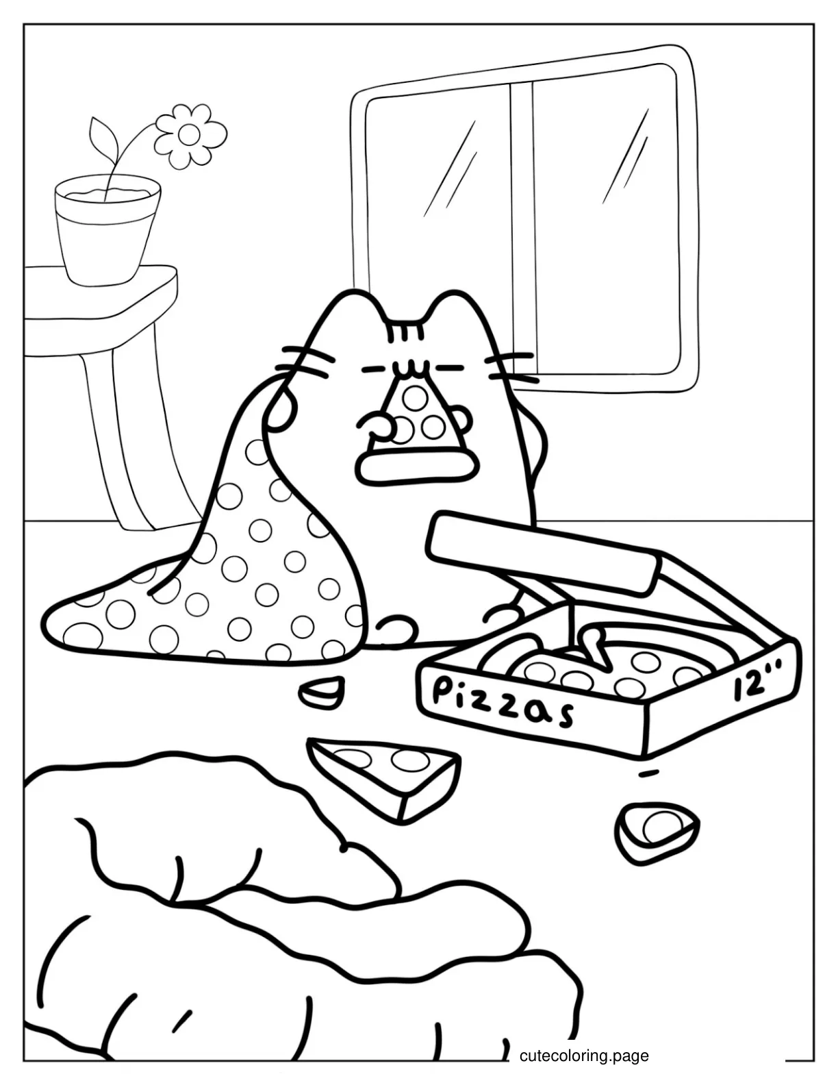 Pusheen Under Blanket Eating Pizza coloring page