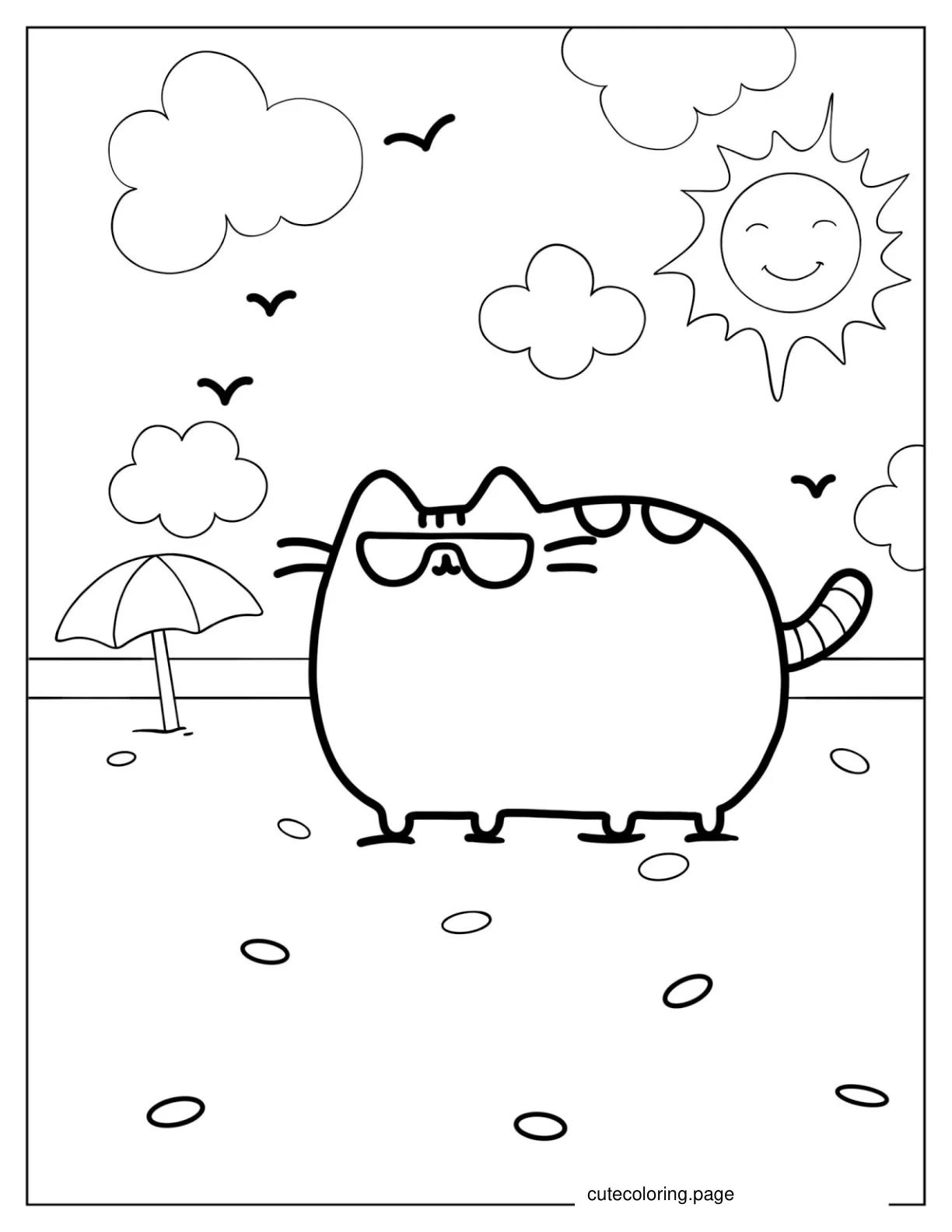 Pusheen Wearing Sunglasses At The Beach coloring page