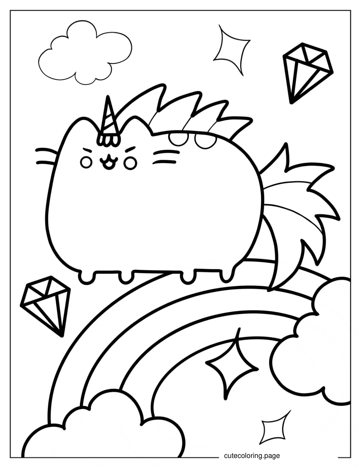 Unicorn Pusheen Cat Jumping Over Rainbow coloring page