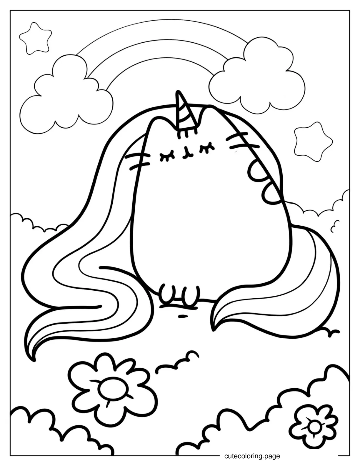 Unicorn Pusheen With Long Rainbow Hair coloring page