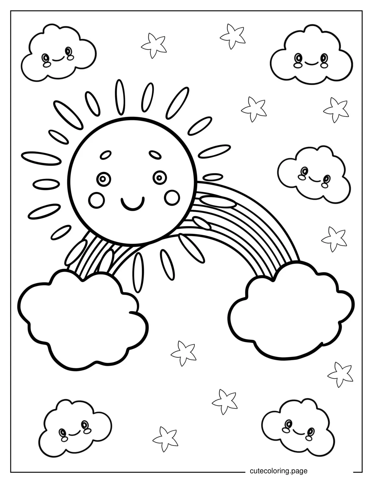 Large Sun With Rainbow And Clouds To Color coloring page