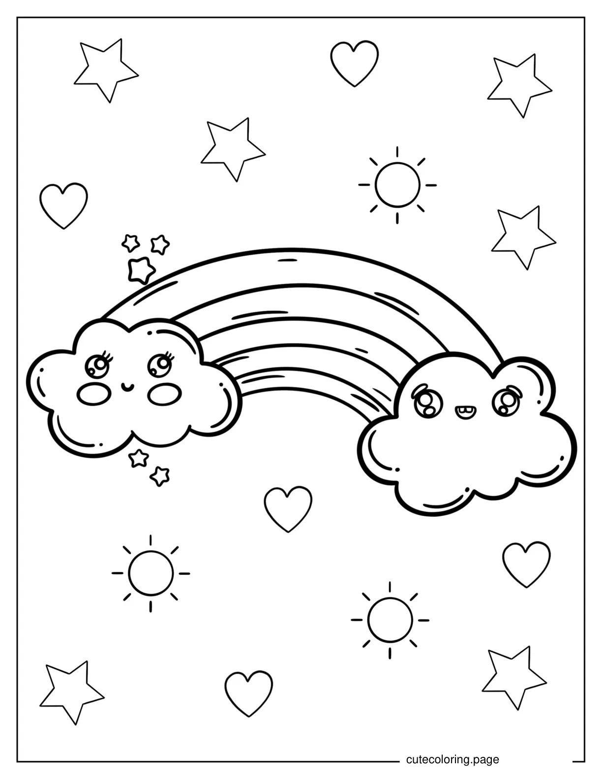 Rainbow With Love Hearts And Suns To Color coloring page