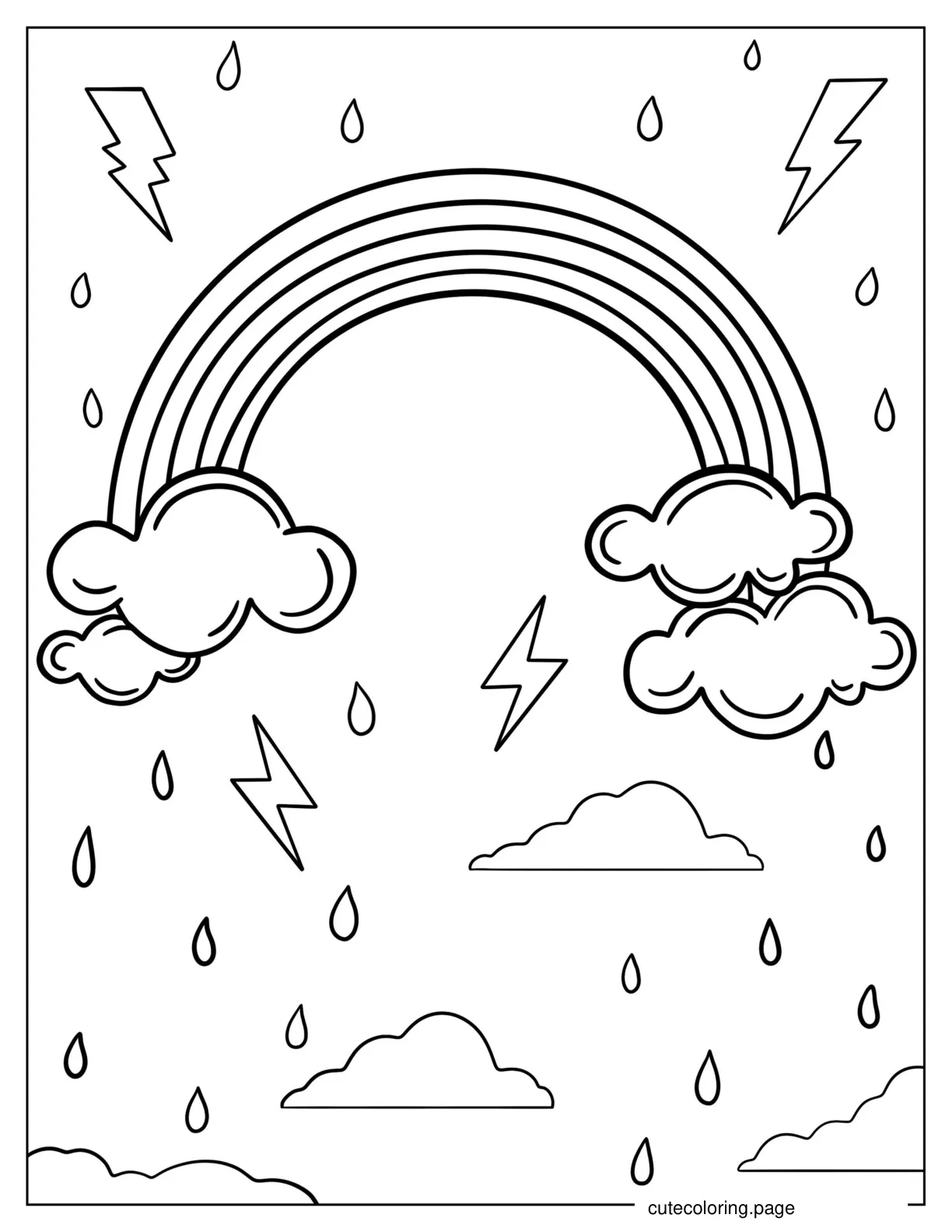 Rainbow With Storm Clouds And Lightening To Color coloring page