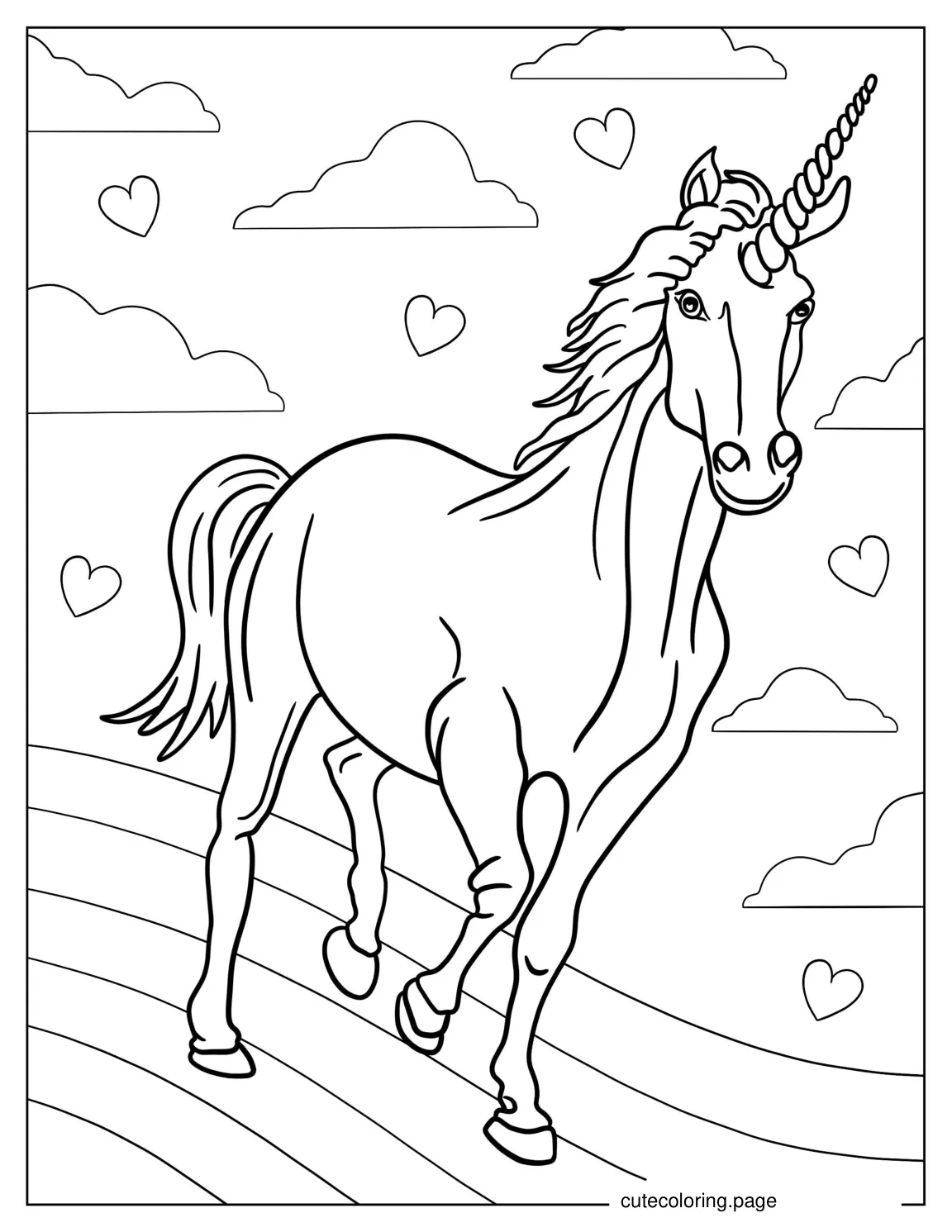 Realistic Looking Unicorn Galloping On a Rainbow coloring page