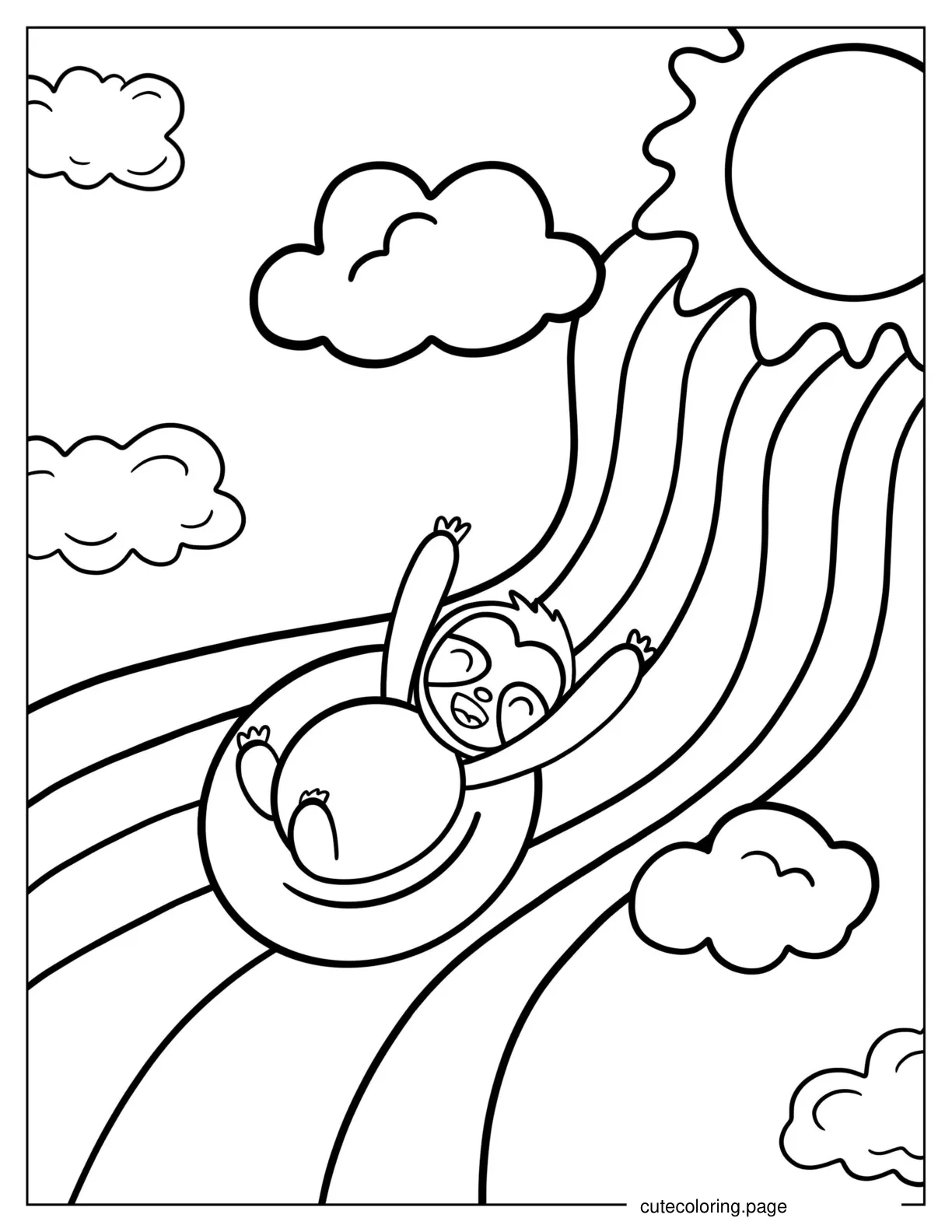 Sloth Riding Down Rainbow To Color coloring page